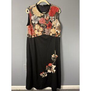 Vintage 70s Womens Plus Size 1X? Black Floral Metallic Maxi Hostess Dress